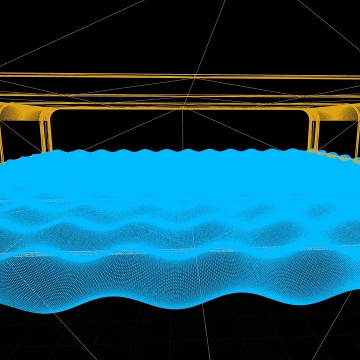 RealtimeMeshComponent procedural mesh capture — a wireframe canopy over a dynamic blue mesh surface